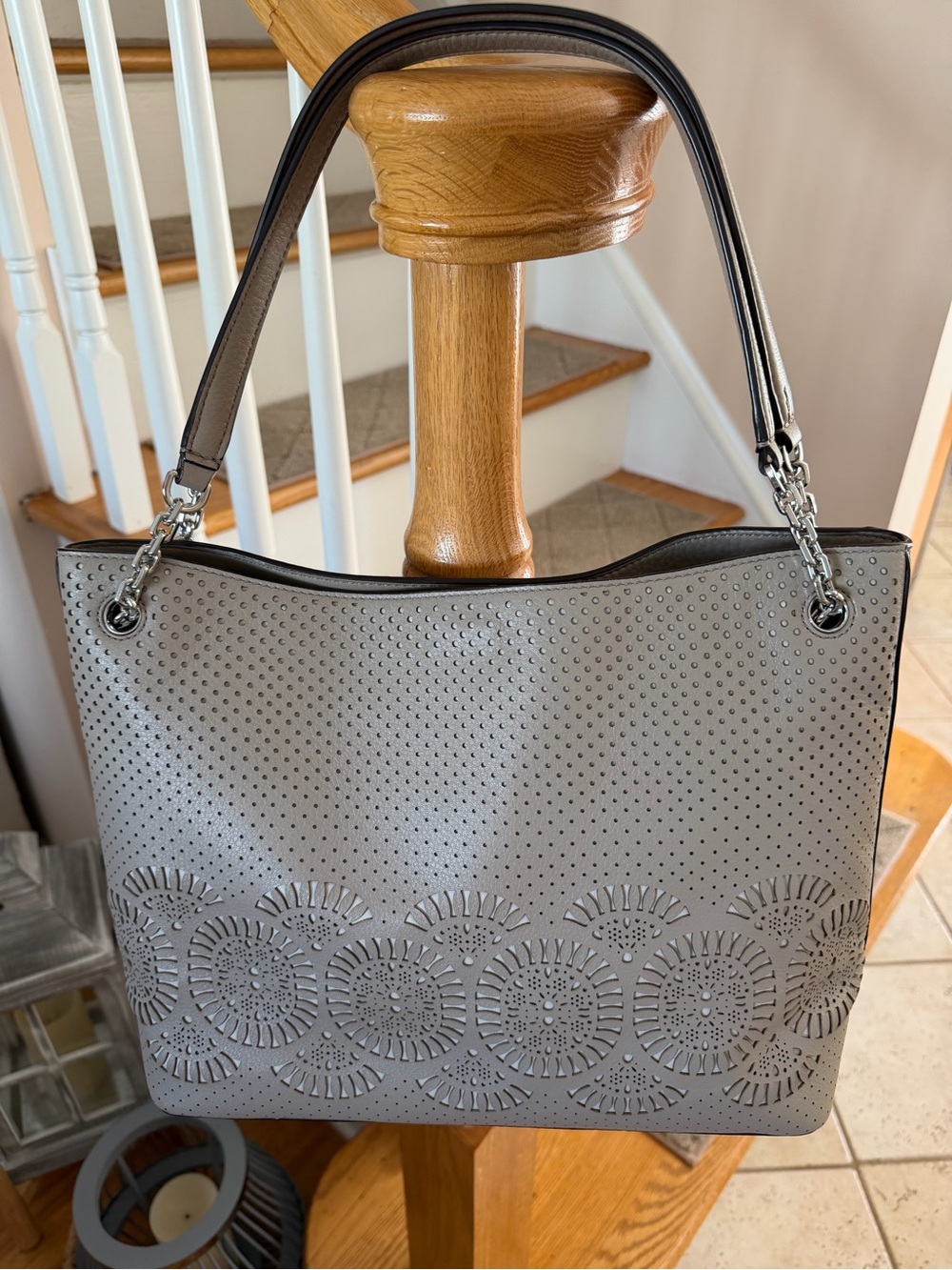 Tory Burch Gray Perforated Shoulder Tote with Chain-Trim Handles